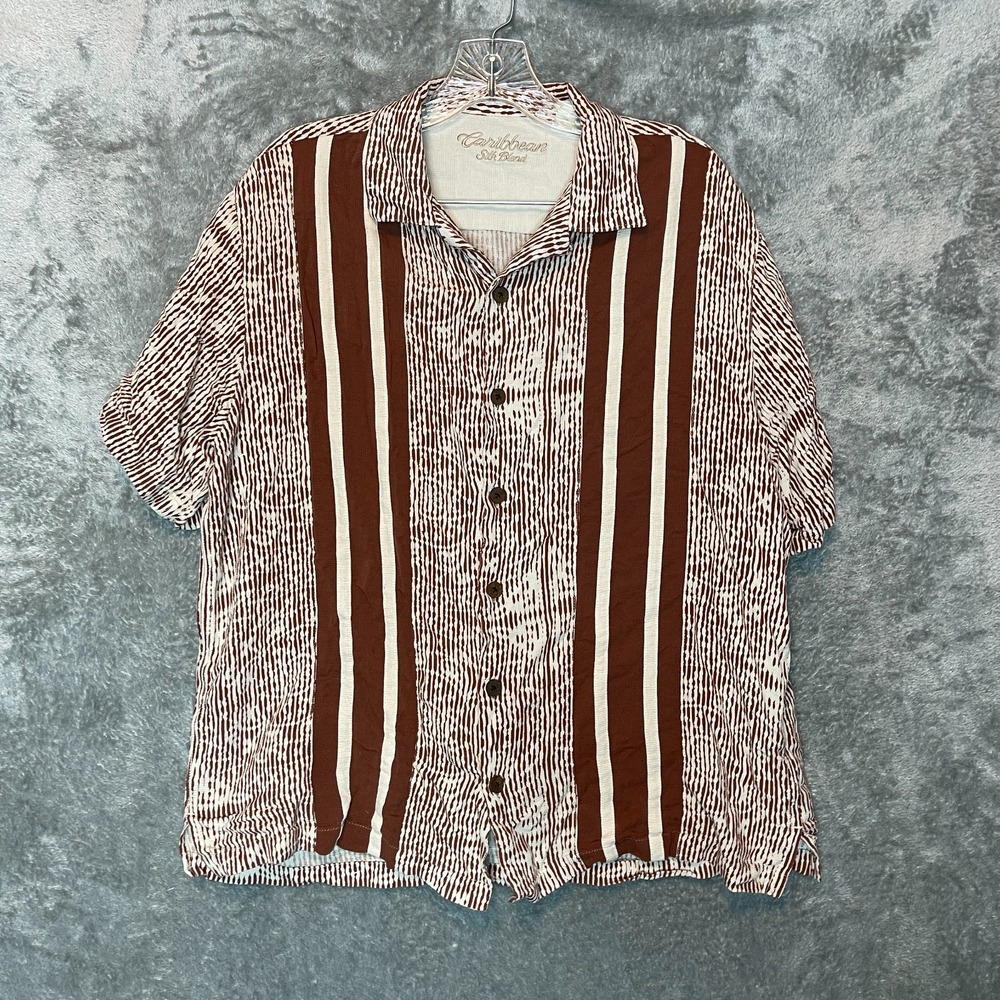 Caribbean Men Silk Blend Retro Hawaiian Resort Travel Button Front Shirt L